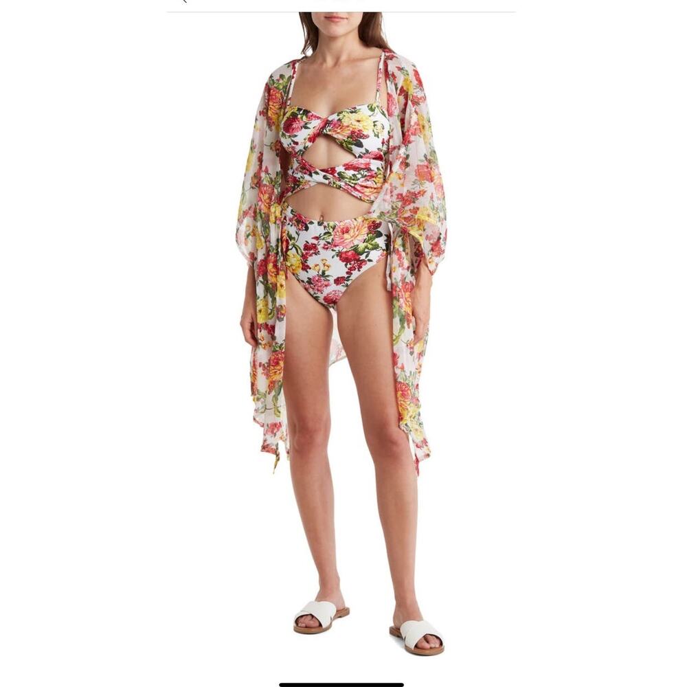 Rachel Roy Blossomy Flutter Hem Kimono Floral Swim Cover Up Sz Lg Pink Red Yello
